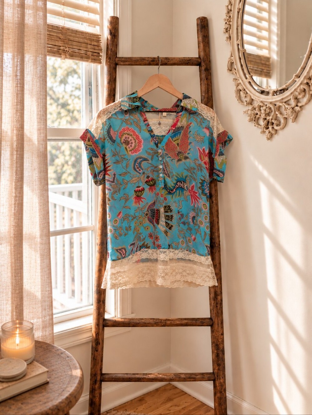 Turquoise Paisley Floral Lace Trim Blouse Boho Cottagecore - Picture 2 of 11